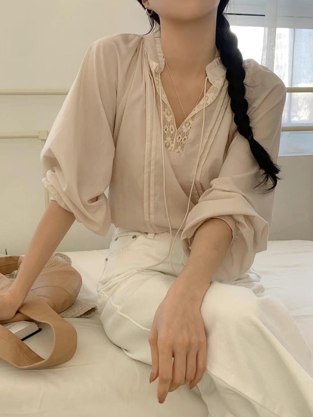 SOFT LACE TIED UP BLOUSE